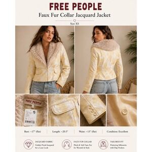 Free People Faux Fur Collar Jacquard Jacket Straw Yellow Floral  XS